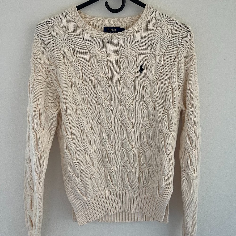 Polo Ralph Lauren Cream White Cable Knit Sweater Size S Boat Neck Pullover